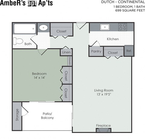 Floor plan for 1 bed, 1 bath, 699 sqft